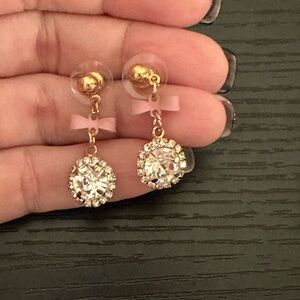 Elegant Gold and CZ Crystal Drop Earrings With a Cute Pink Bow